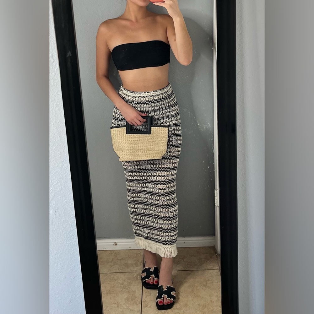 Cream & black crochet fringe swim coverup skirt S| resort boho vacation festival - Picture 7 of 13